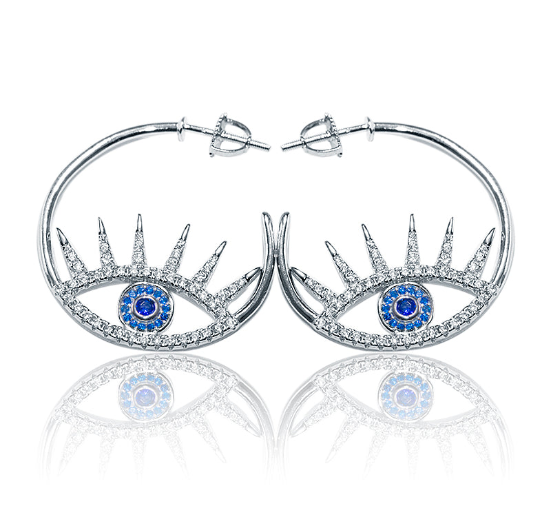 Italian Studded Evil Eye Silver 925 Hoops Earring