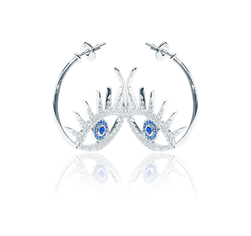 Italian Studded Evil Eye Silver 925 Hoops Earring