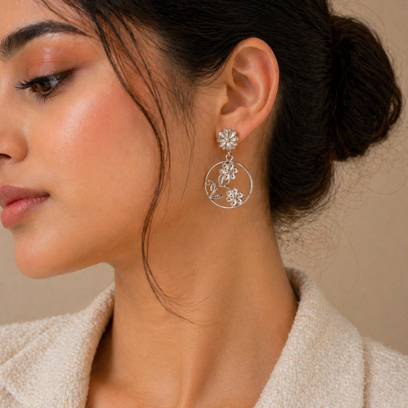 Floral Filigree Hoop Drop Earrings