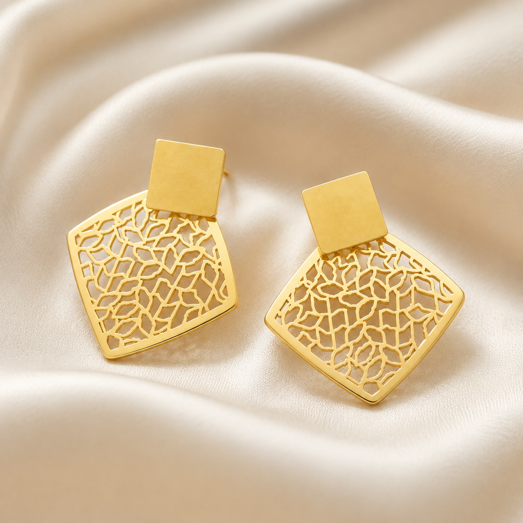 Gold Filigree Square Earrings
