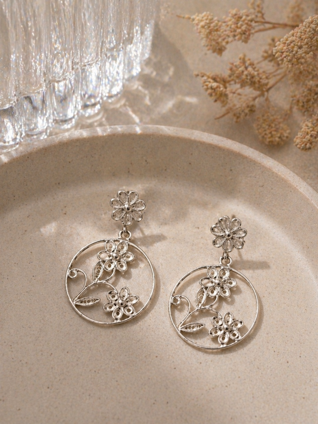 Floral Filigree Hoop Drop Earrings