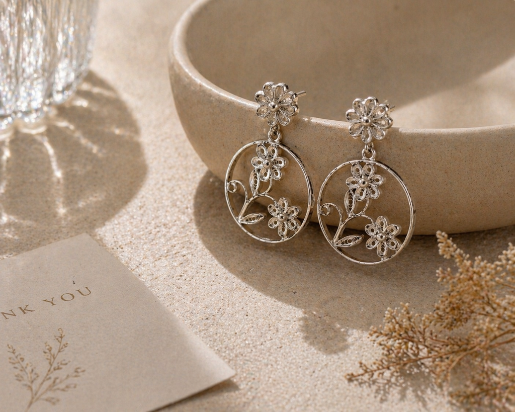 Floral Filigree Hoop Drop Earrings