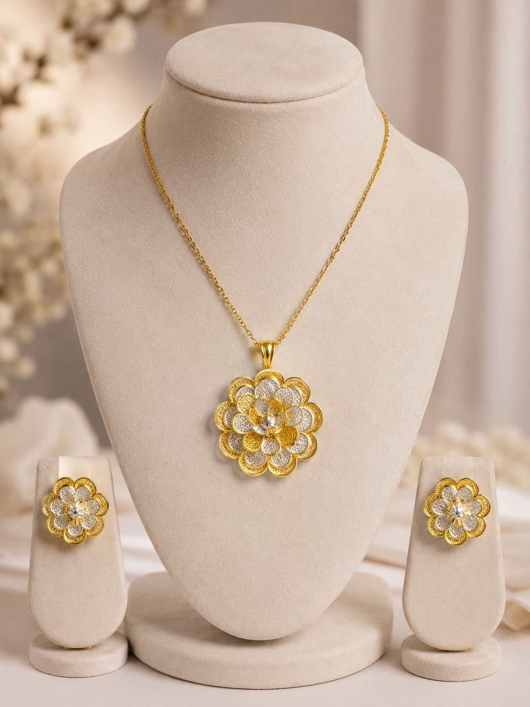 Gold Silver Flower Pendant Set