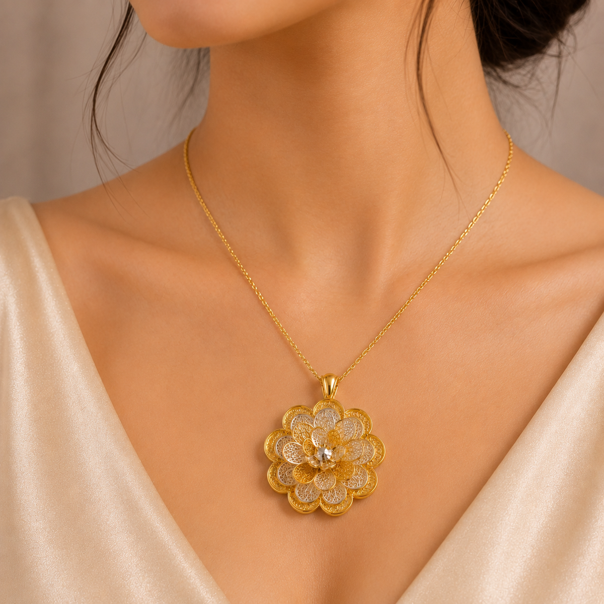 Gold Silver Flower Pendant Set