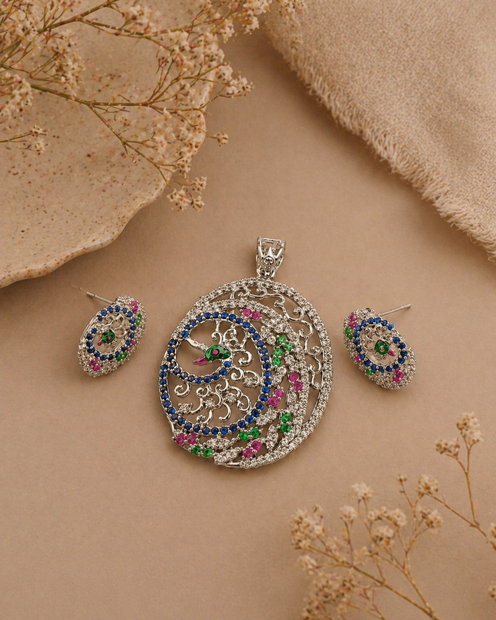 Multicolor Peacock Pendant Set