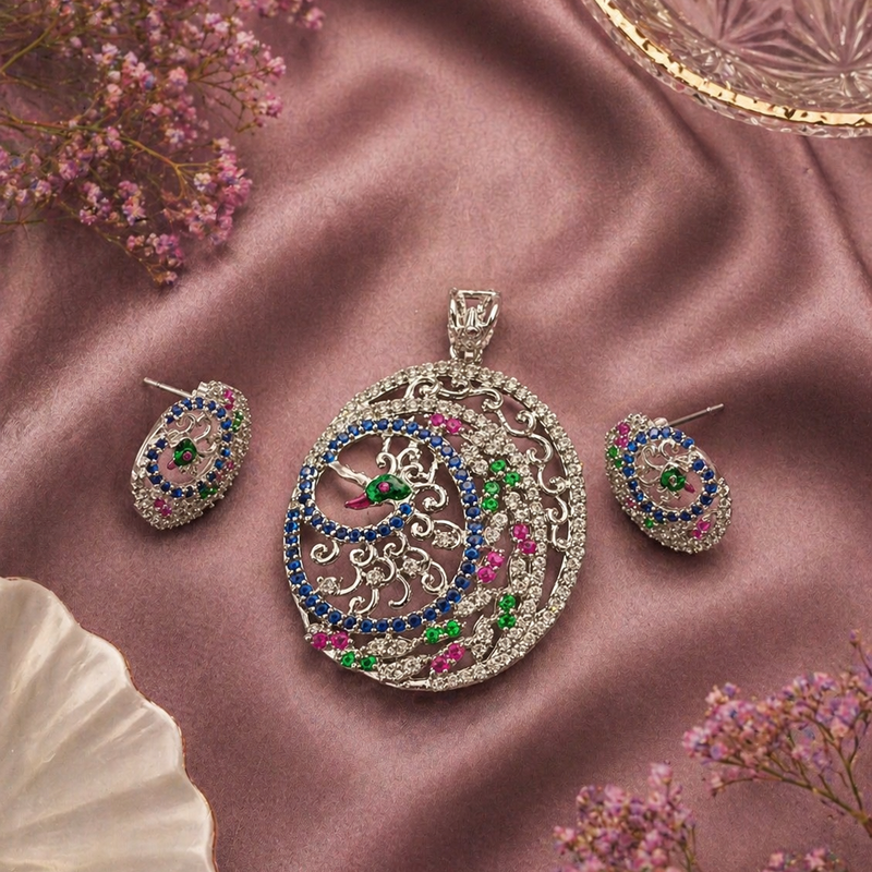 Multicolor Peacock Pendant Set