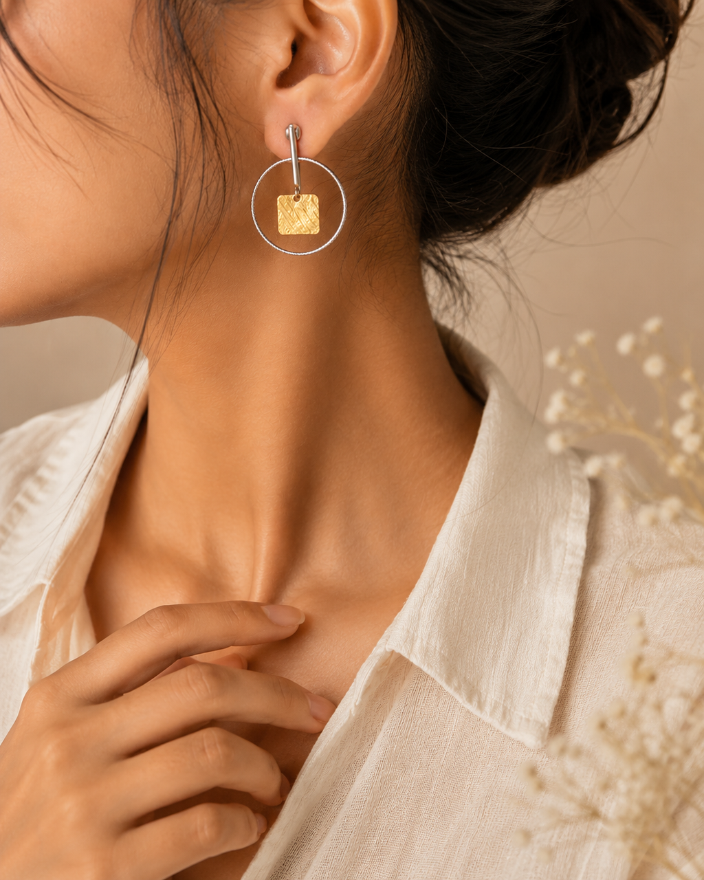 Gold Square Charm Hoop Earrings