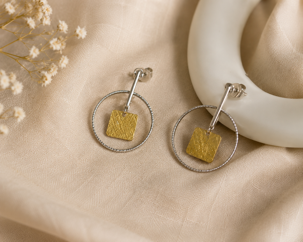 Gold Square Charm Hoop Earrings