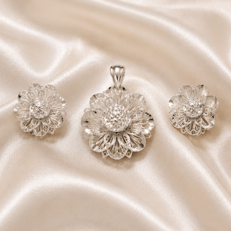Silver Floral Pendant Set