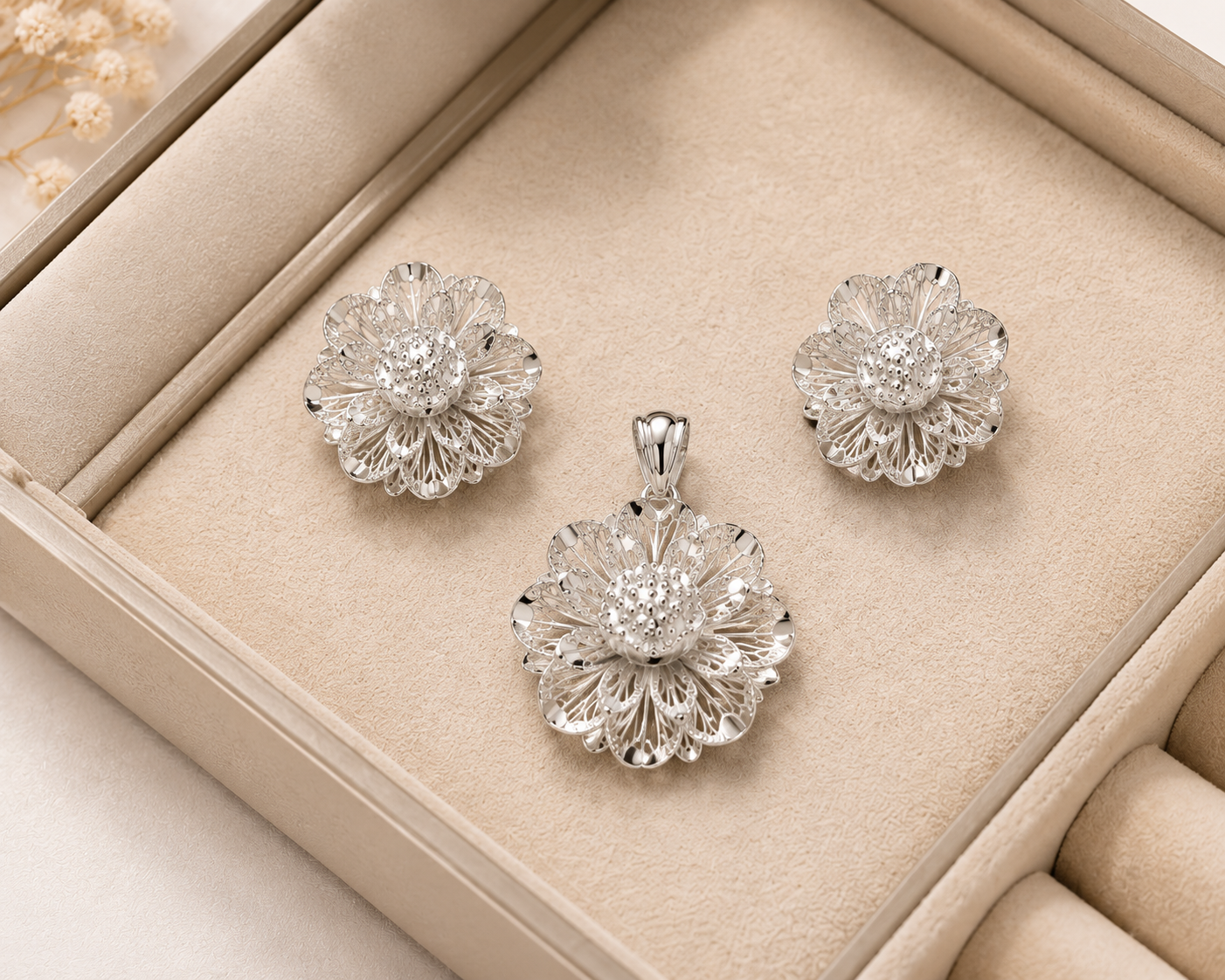 Silver Floral Pendant Set