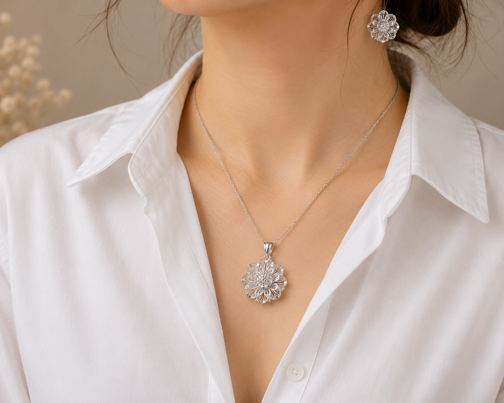 Silver Floral Pendant Set