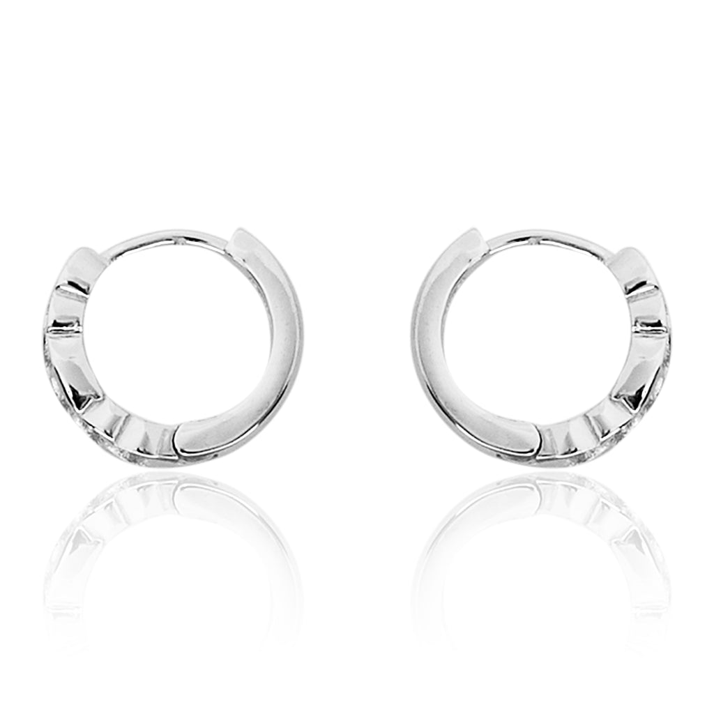 STERLING SILVER RHODIUM PLATED SINGLE LINE PAVE UNISEX HUGGIE HOOPS EARRING
