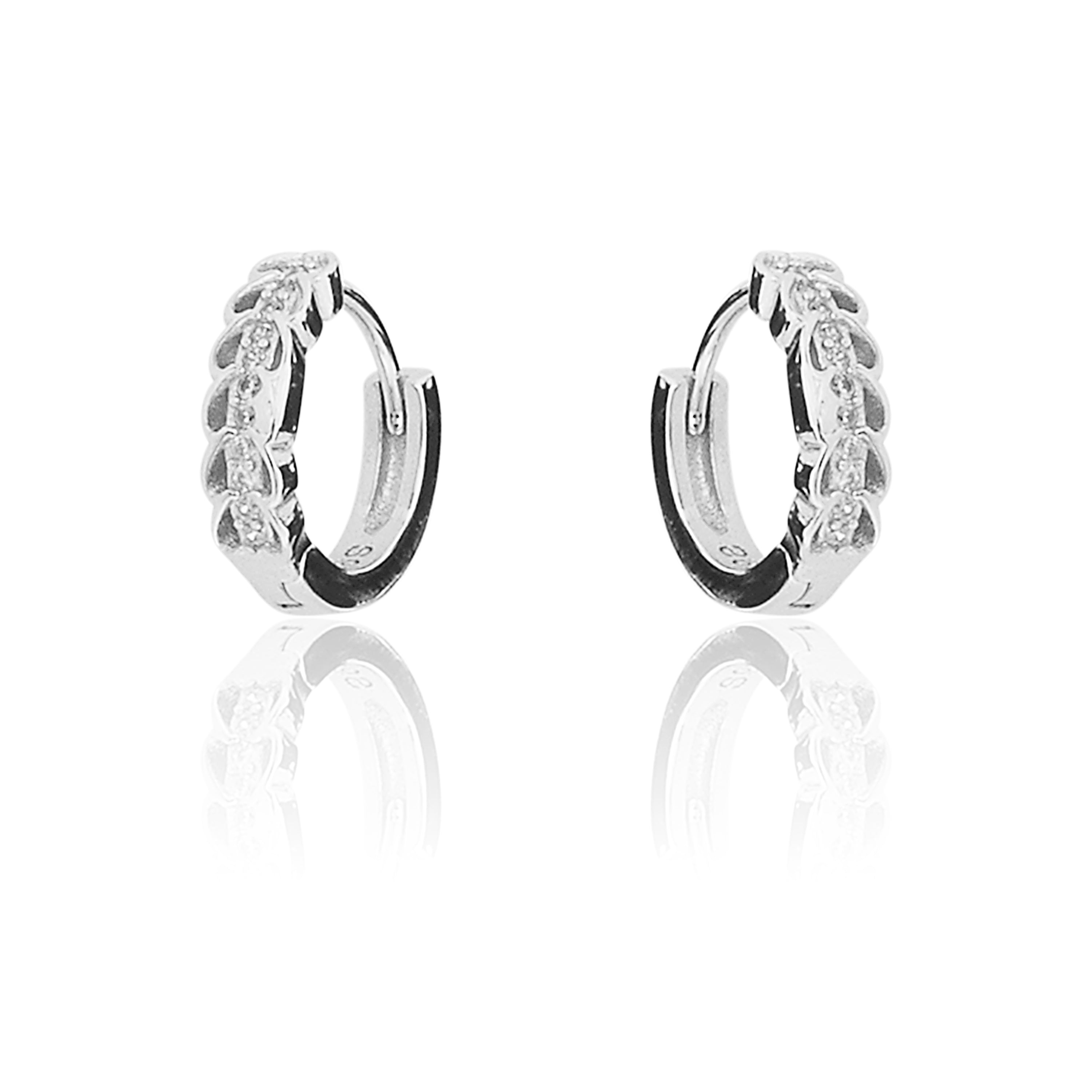 STERLING SILVER RHODIUM PLATED SINGLE LINE PAVE UNISEX HUGGIE HOOPS EARRING