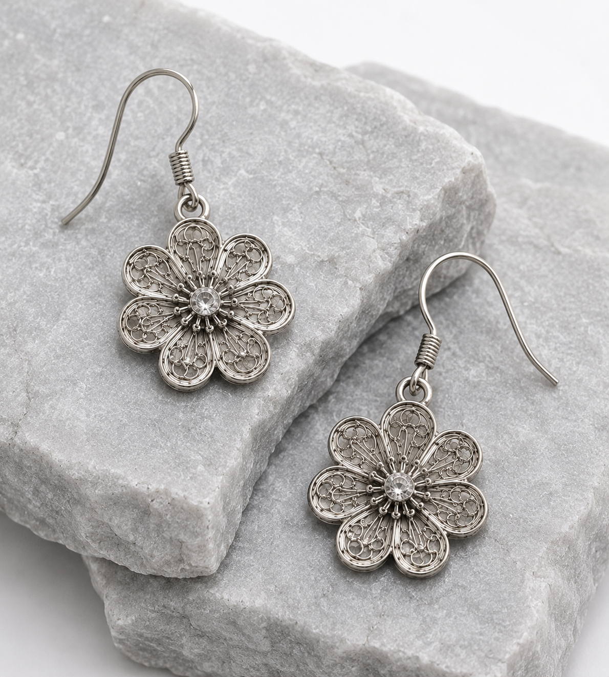 Floral Silver Drop Earrings