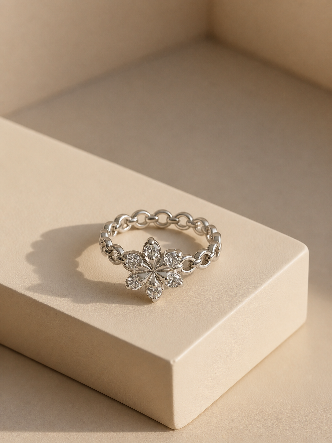 Floral Crystal Silver Ring