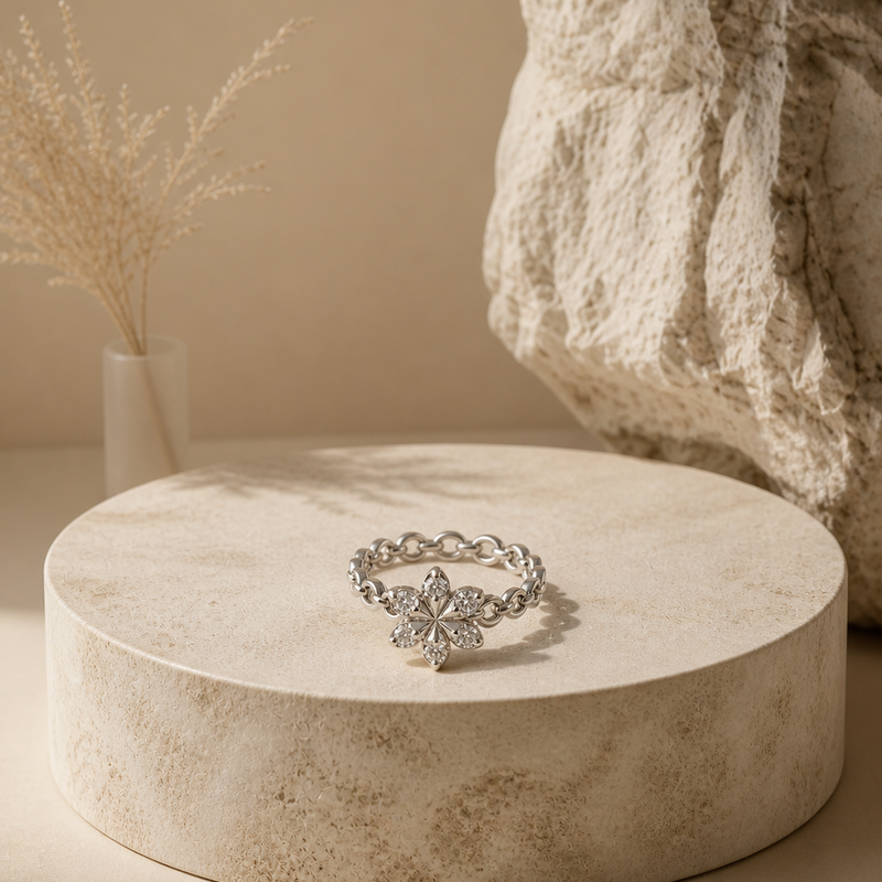 Floral Crystal Silver Ring