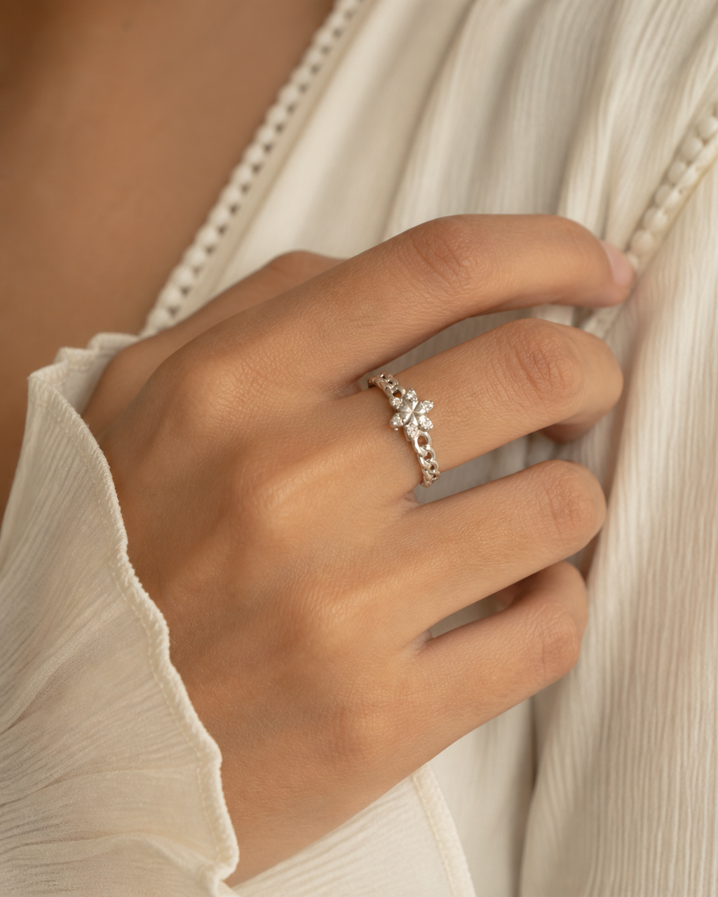 Floral Crystal Silver Ring