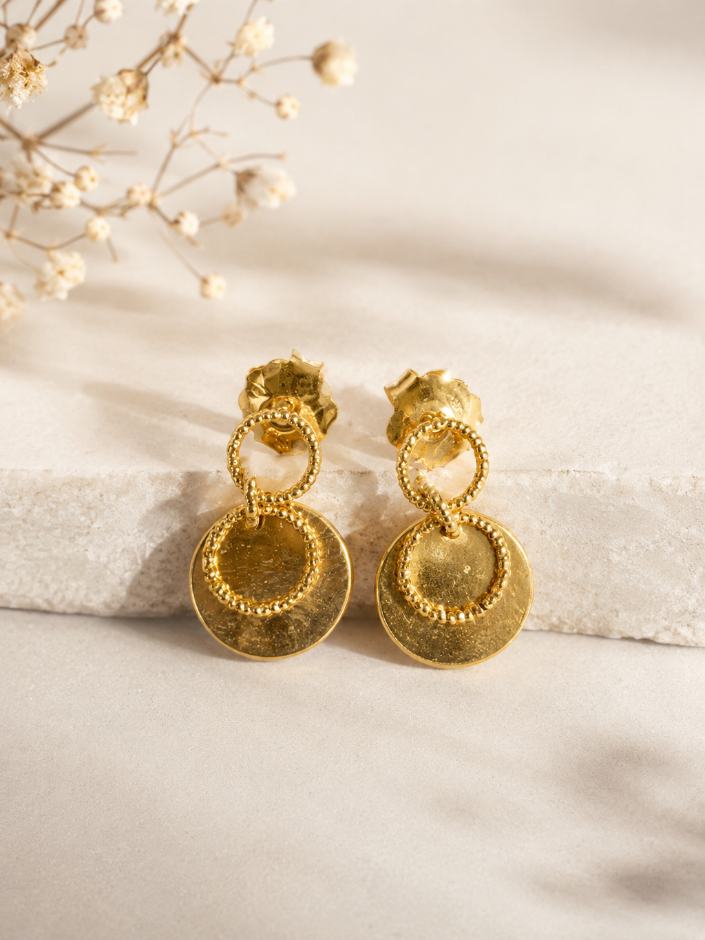Gold Double Disc Drop Earrings