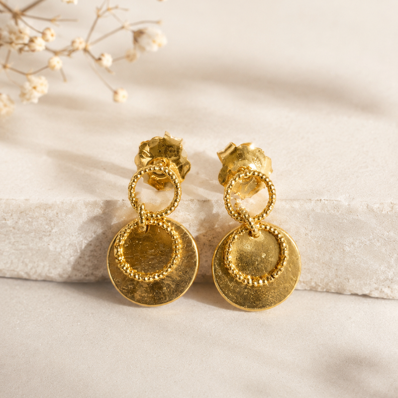 Gold Double Disc Drop Earrings