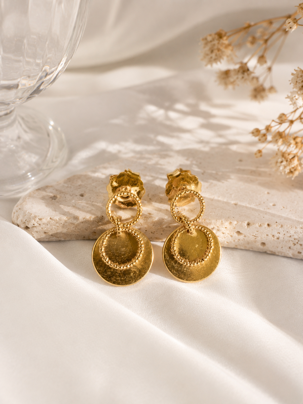Gold Double Disc Drop Earrings