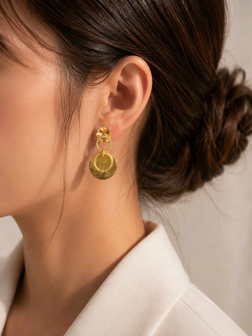 Gold Double Disc Drop Earrings