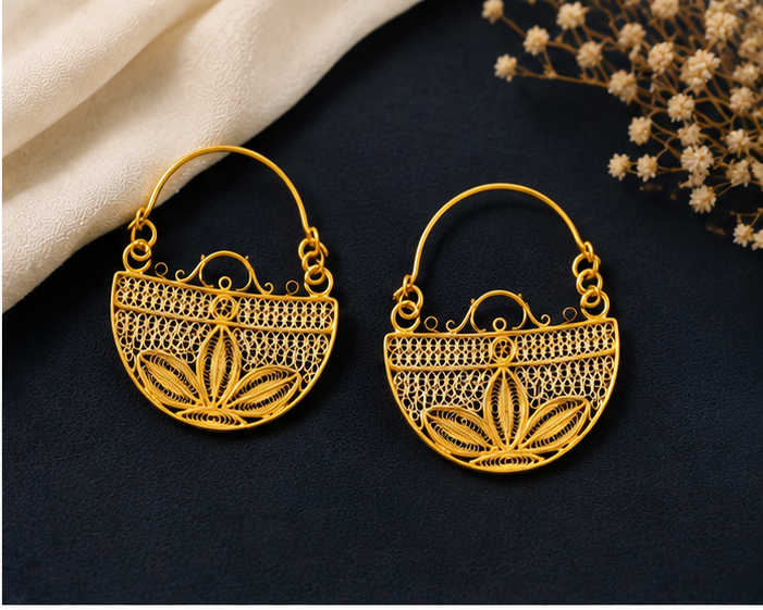 Gold Lotus Filigree Hoop Earrings